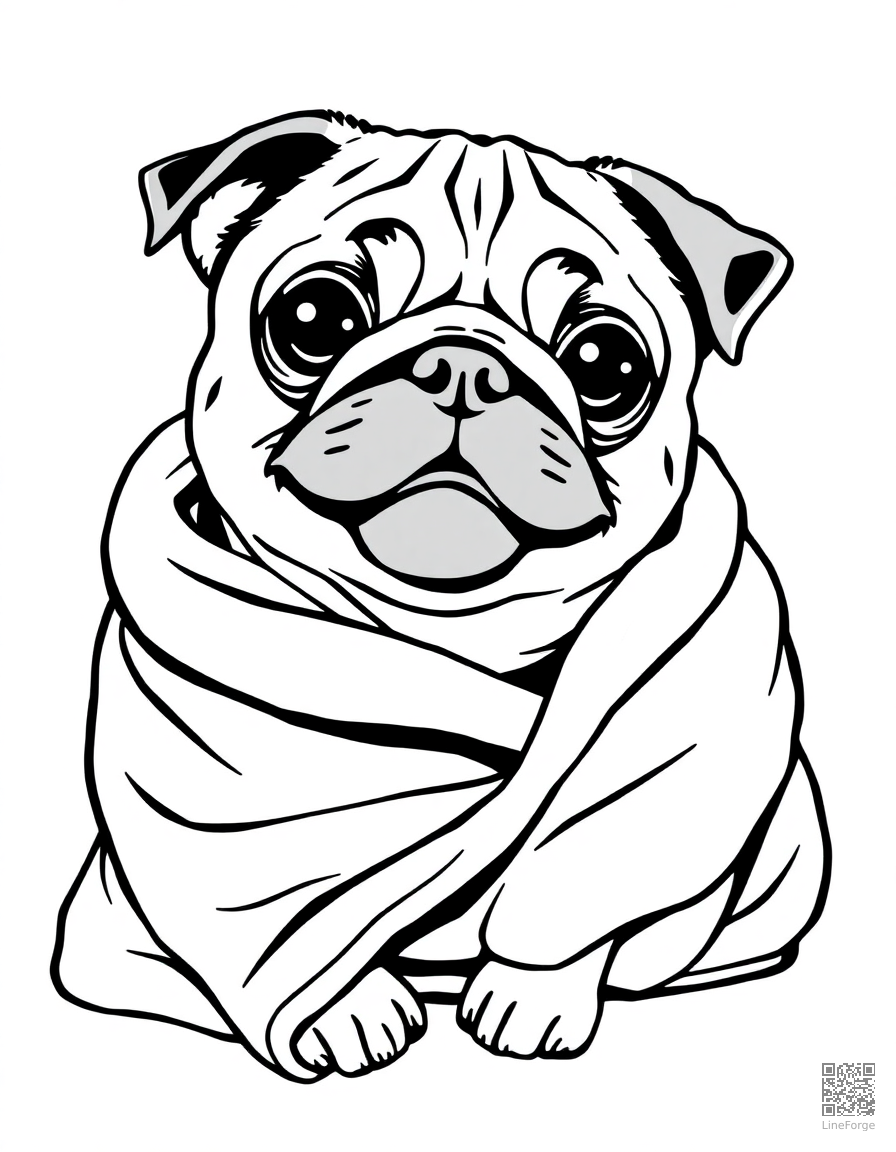 Free pug wrapped in a cozy blanket coloring page in manga style — printable line art