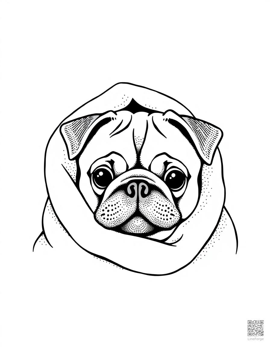 Free pug wrapped in a cozy blanket coloring page in stipple style — printable line art