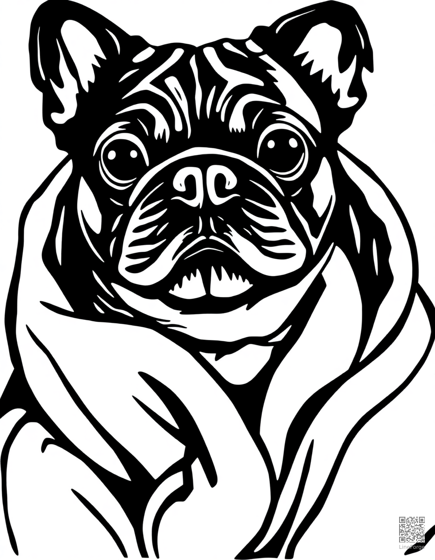pug wrapped in a cozy blanket coloring page Woodcut style - free printable