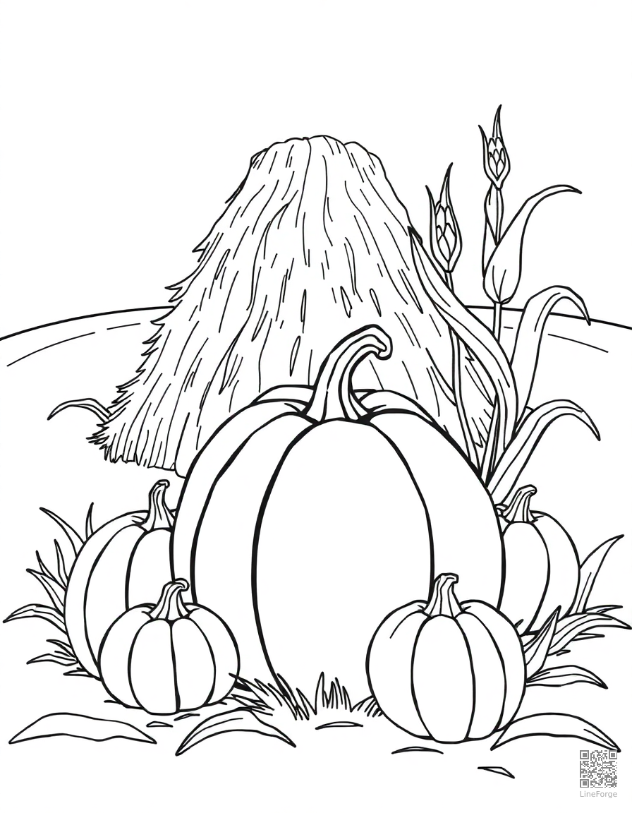 pumpkin patch with haystack and corn stalks coloring page Contour style - free printable