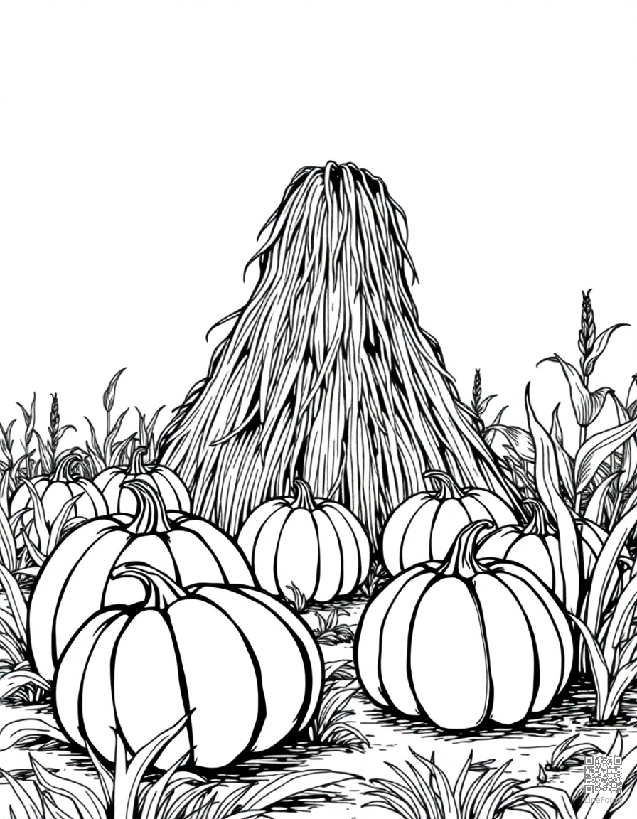 pumpkin patch with haystack and corn stalks coloring page Crosshatch style - free printable