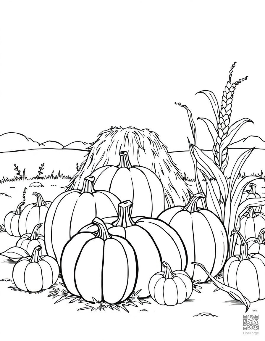 pumpkin patch with haystack and corn stalks coloring page Manga style - free printable