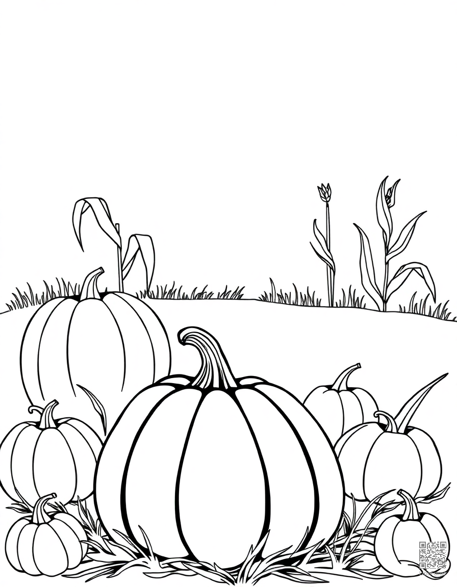 pumpkin patch with haystack and corn stalks coloring page Minimal style - free printable