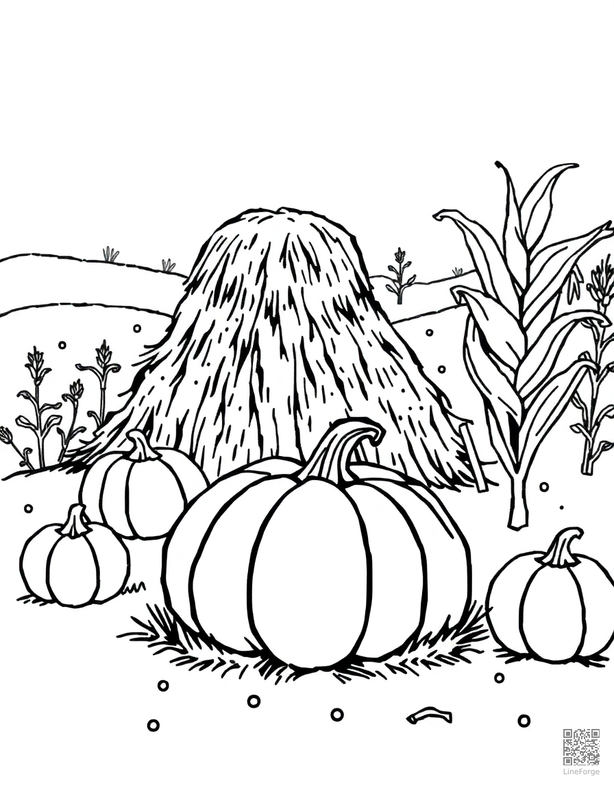 pumpkin patch with haystack and corn stalks coloring page Stipple style - free printable