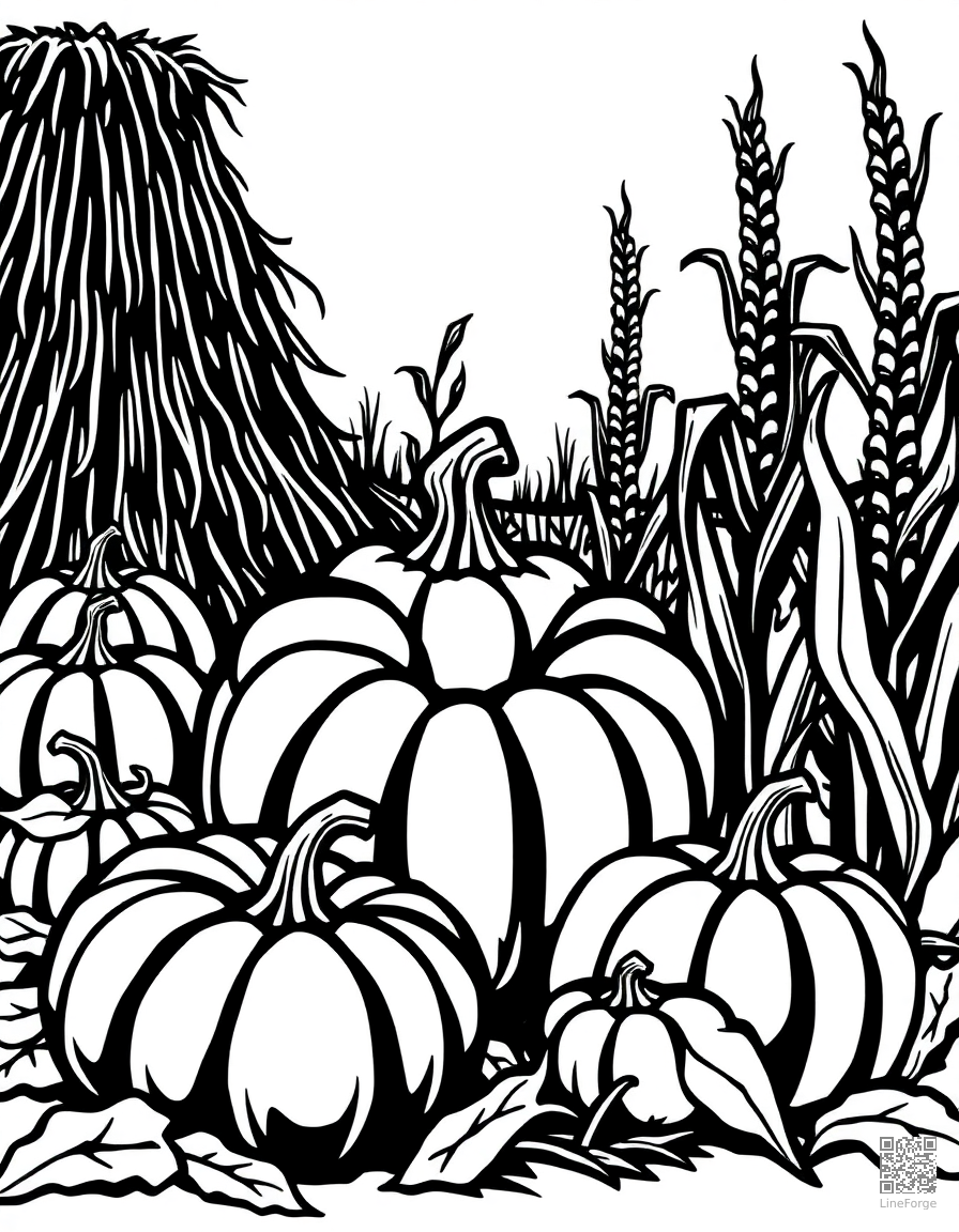 pumpkin patch with haystack and corn stalks coloring page Woodcut style - free printable