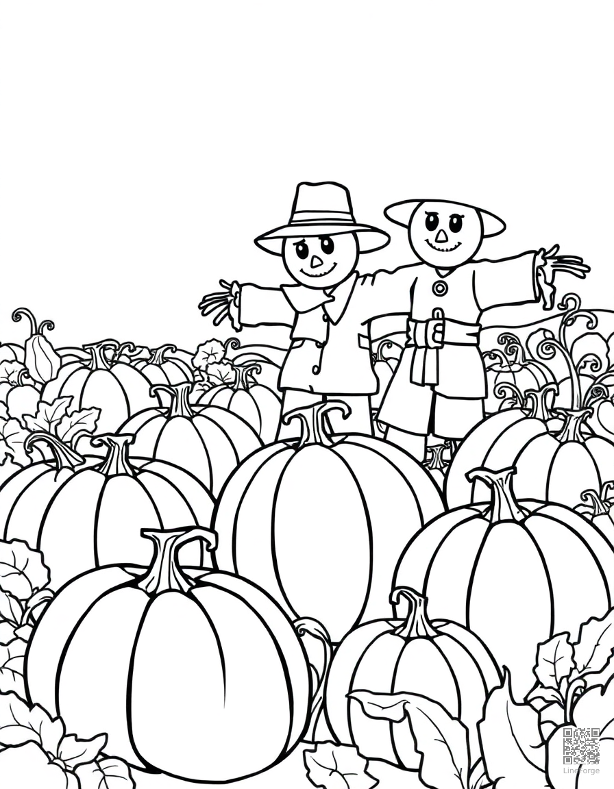 Pumpkin patch with scarecrow coloring page Contour style - free printable