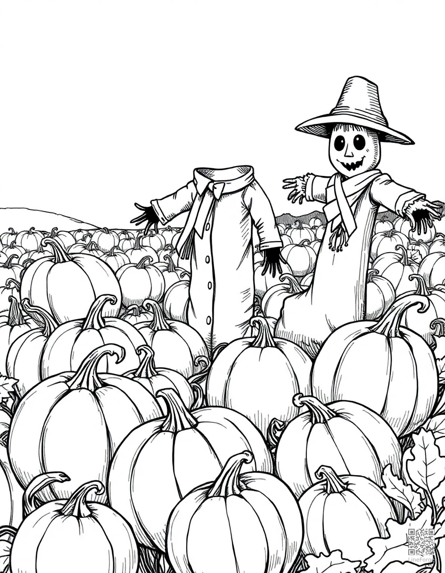 Pumpkin patch with scarecrow coloring page Crosshatch style - free printable