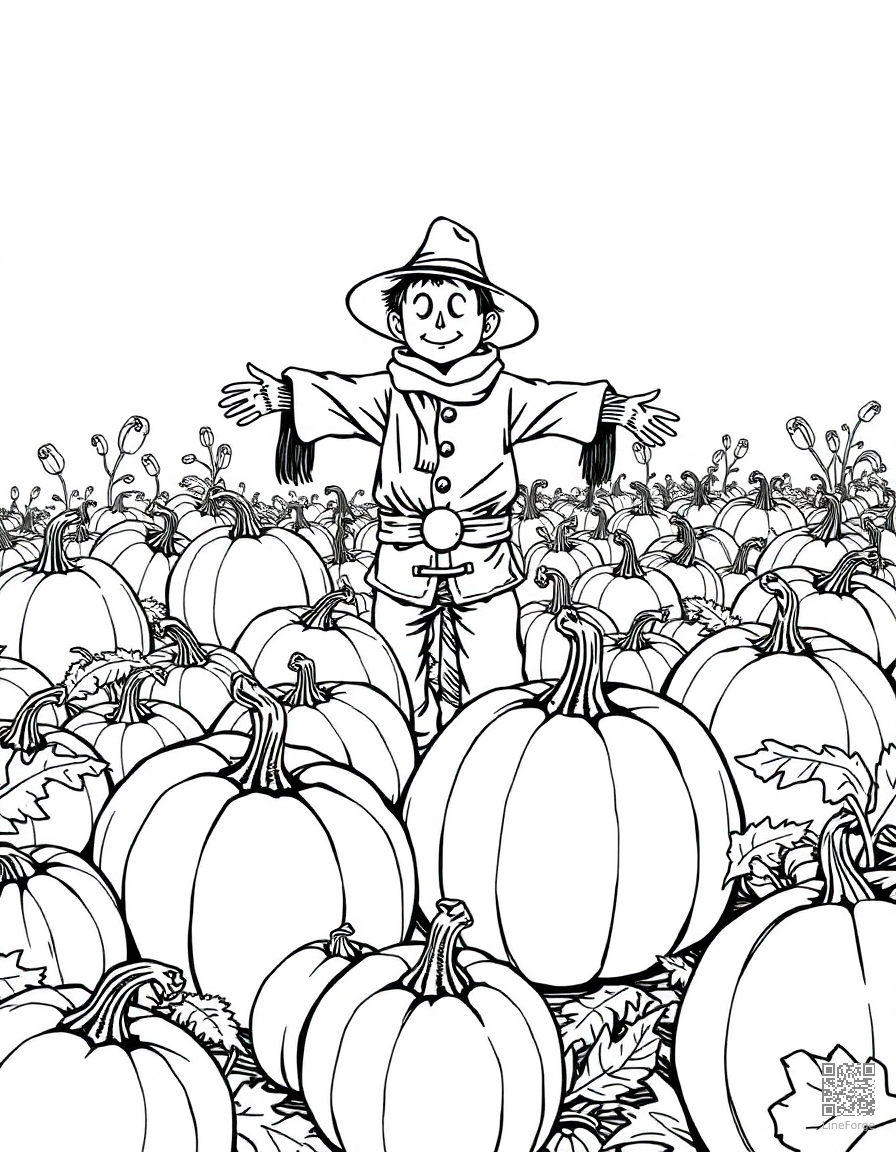 Pumpkin patch with scarecrow coloring page Manga style - free printable