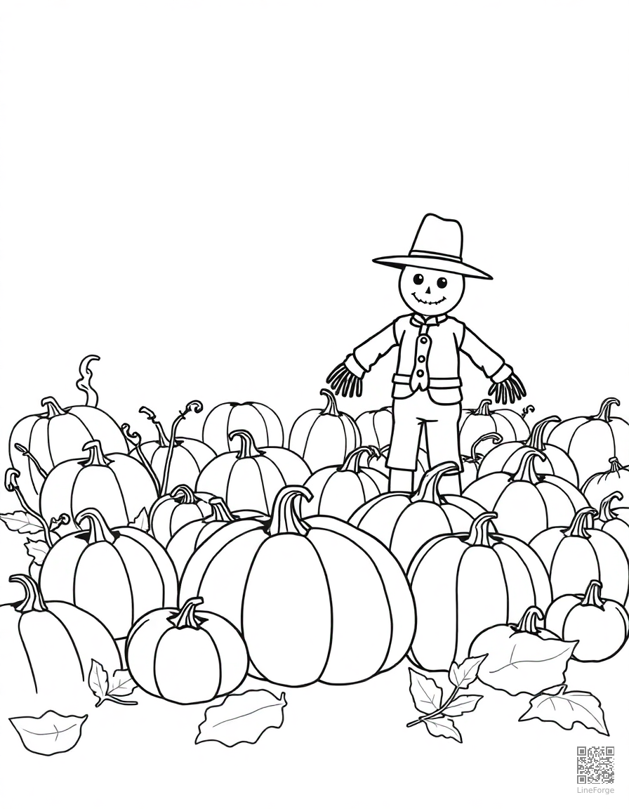 Pumpkin patch with scarecrow coloring page Minimal style - free printable