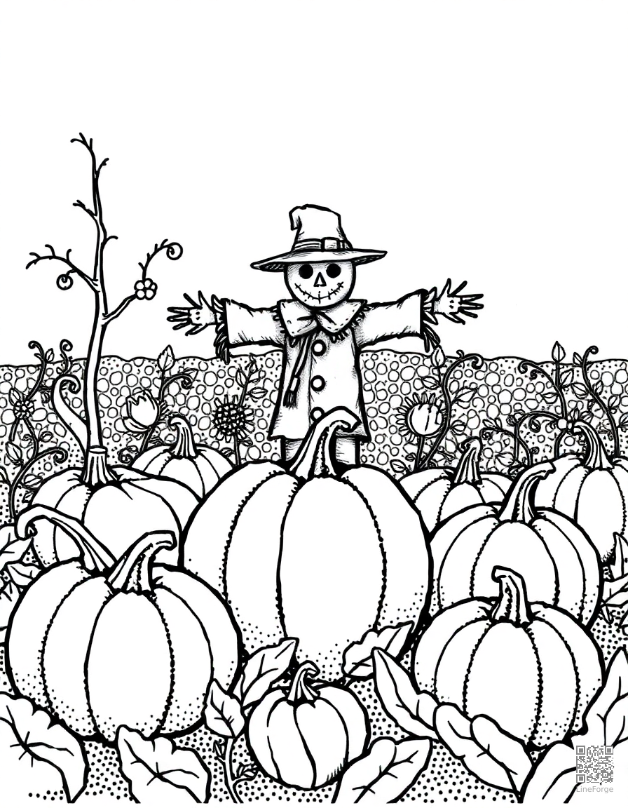 Pumpkin patch with scarecrow coloring page Stipple style - free printable