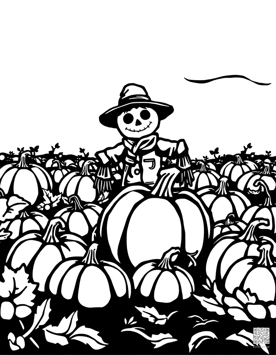 Pumpkin patch with scarecrow coloring page Woodcut style - free printable