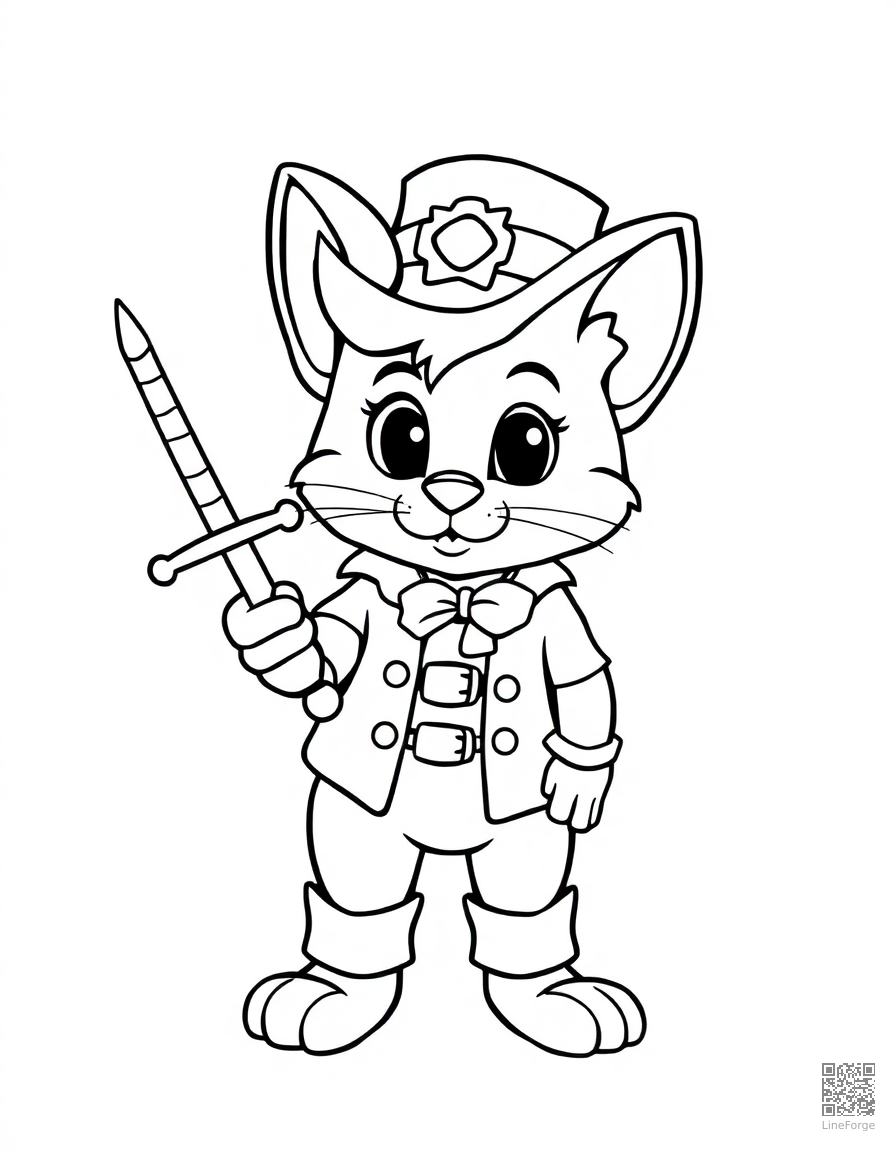 Free puss in boots with his sword and hat coloring page in contour style — printable line art