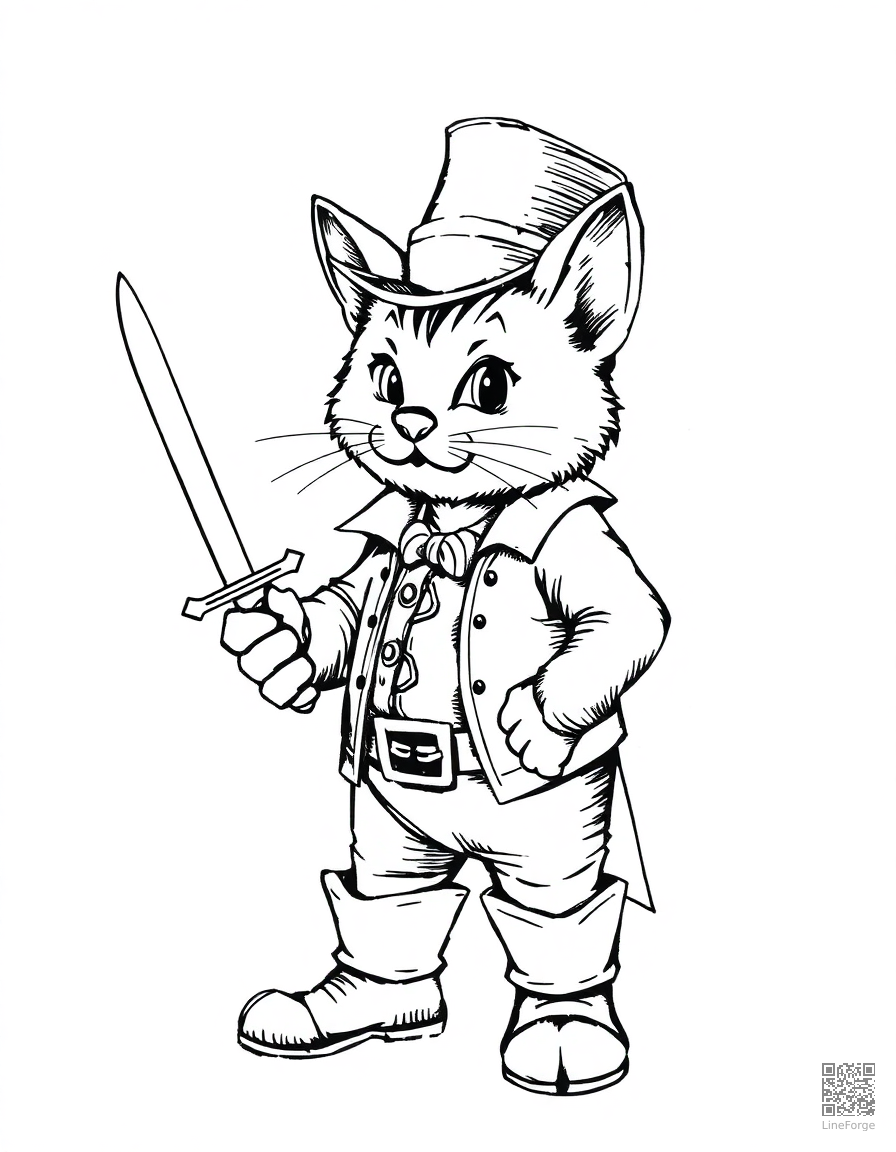 Free puss in boots with his sword and hat coloring page in crosshatch style — printable line art