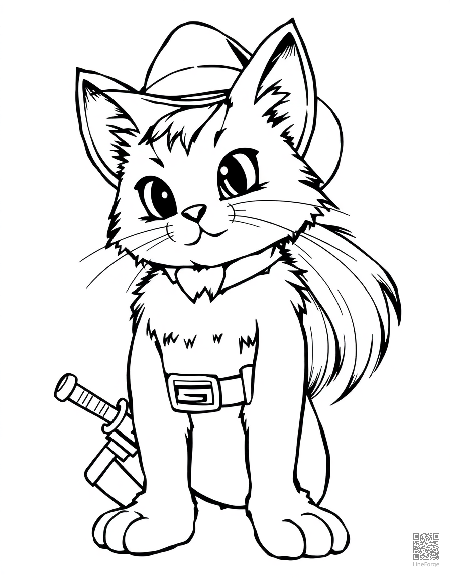 Free puss in boots with his sword and hat coloring page in manga style — printable line art