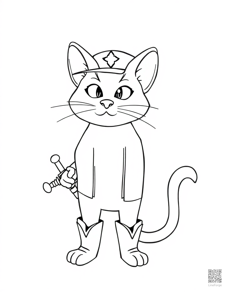 Free puss in boots with his sword and hat coloring page in minimal style — printable line art