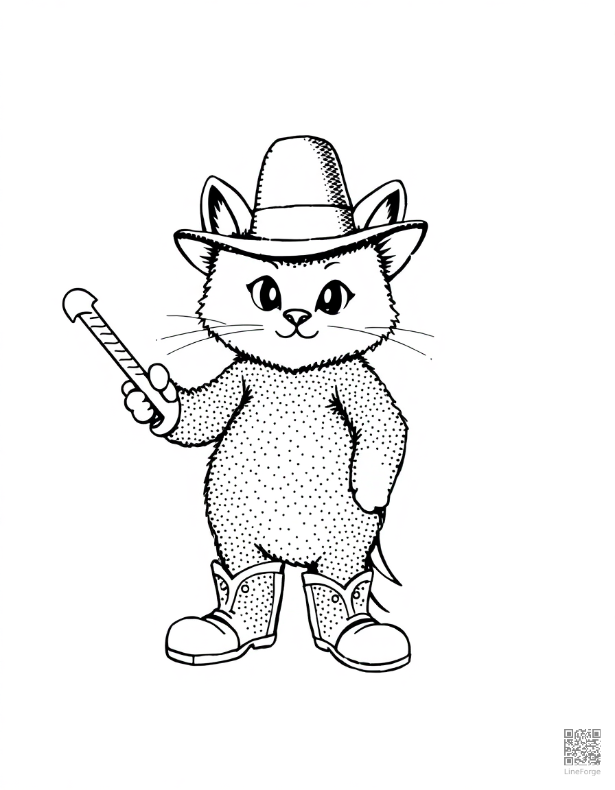 Free puss in boots with his sword and hat coloring page in stipple style — printable line art