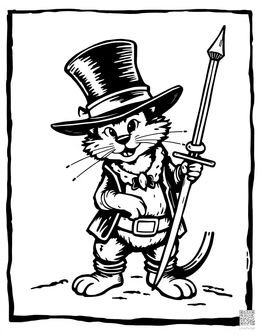 Free puss in boots with his sword and hat coloring page in woodcut style — printable line art