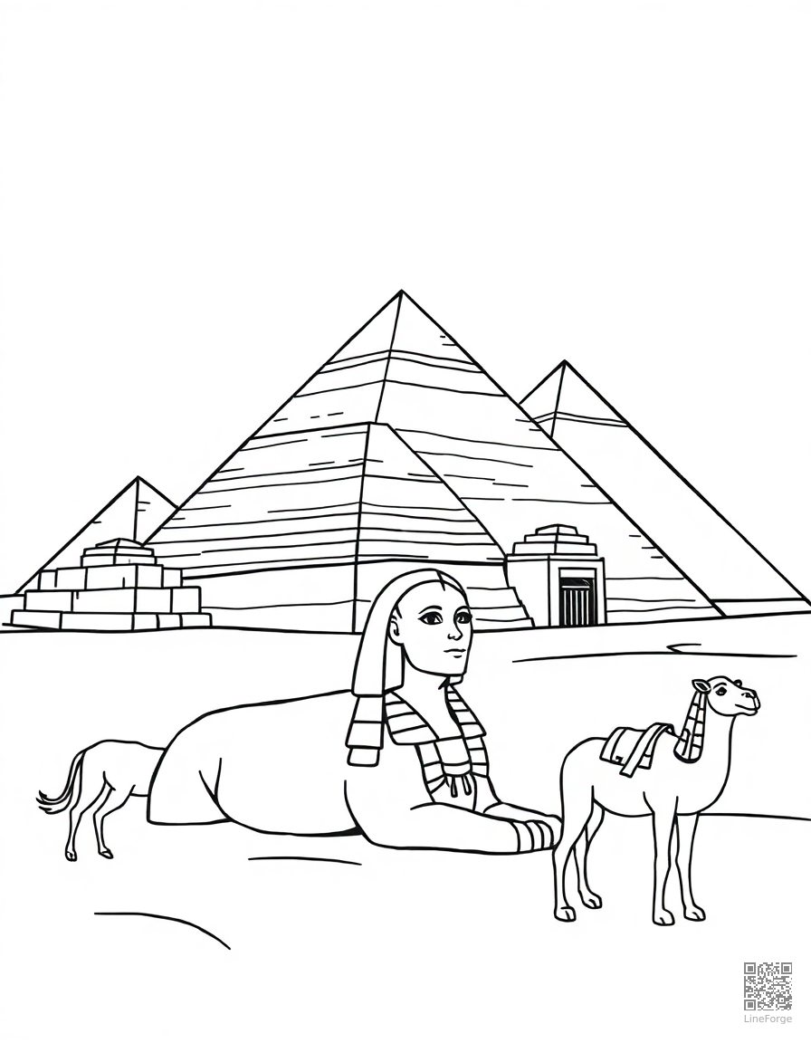 pyramids of giza with sphinx and camels coloring page Contour style - free printable