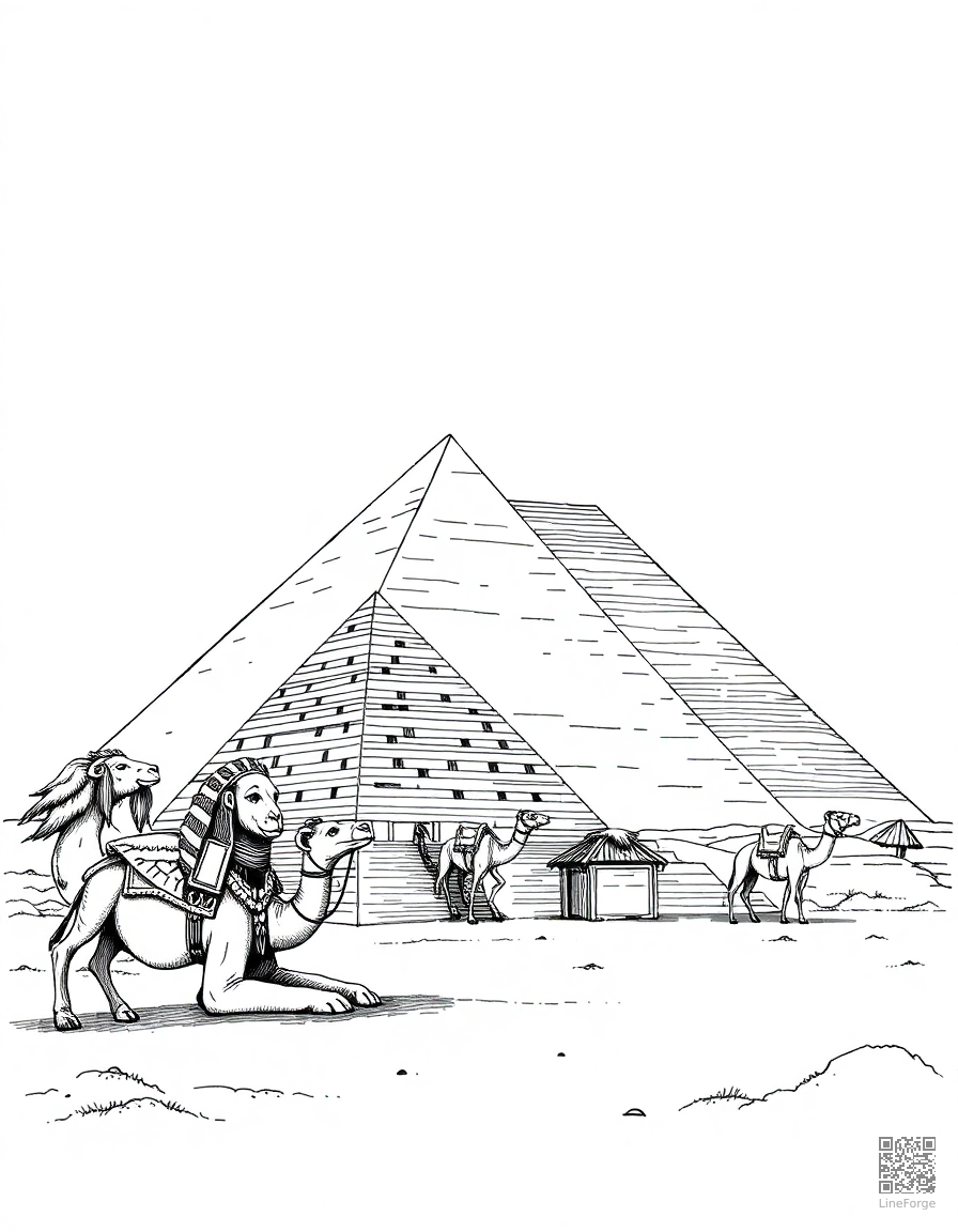 pyramids of giza with sphinx and camels coloring page Crosshatch style - free printable