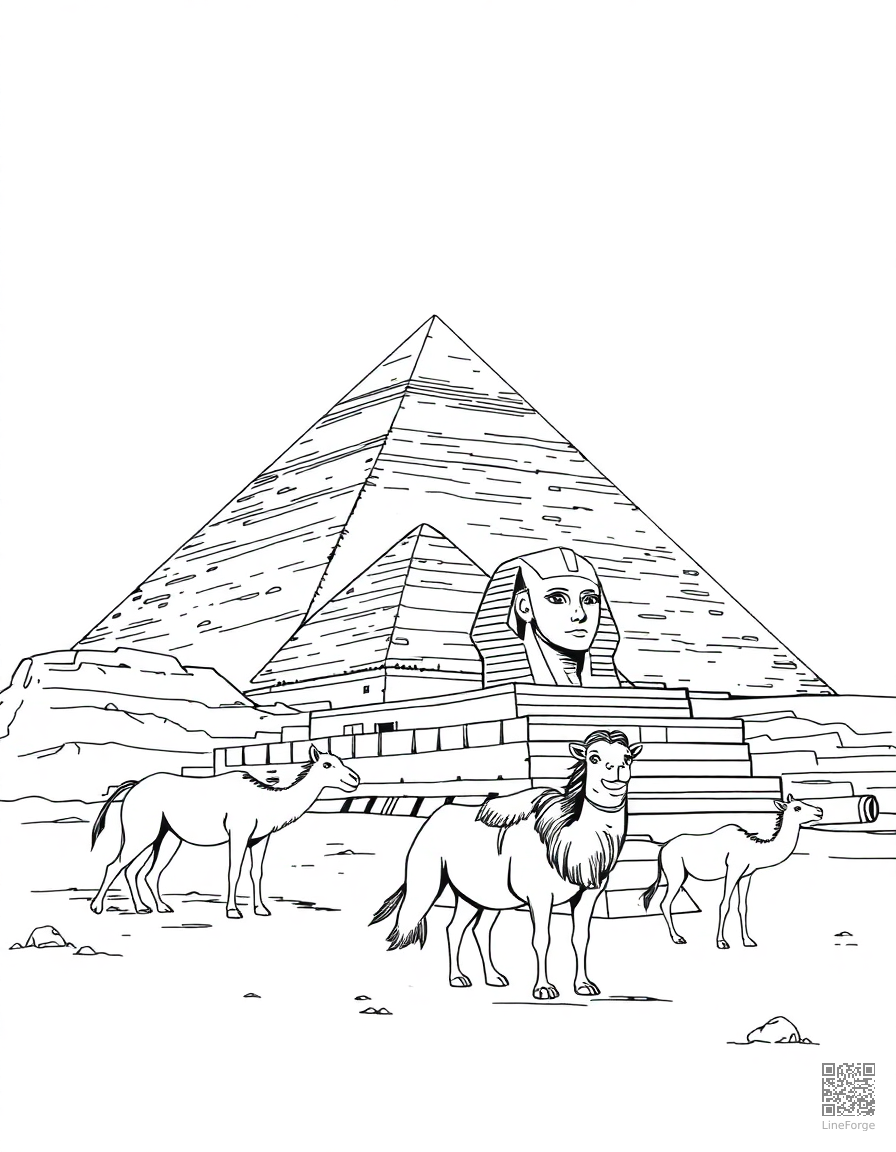 pyramids of giza with sphinx and camels coloring page Manga style - free printable