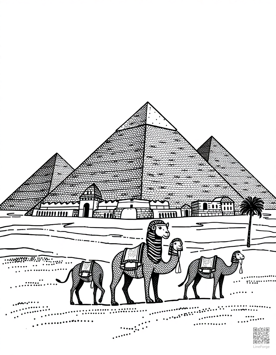 pyramids of giza with sphinx and camels coloring page Stipple style - free printable