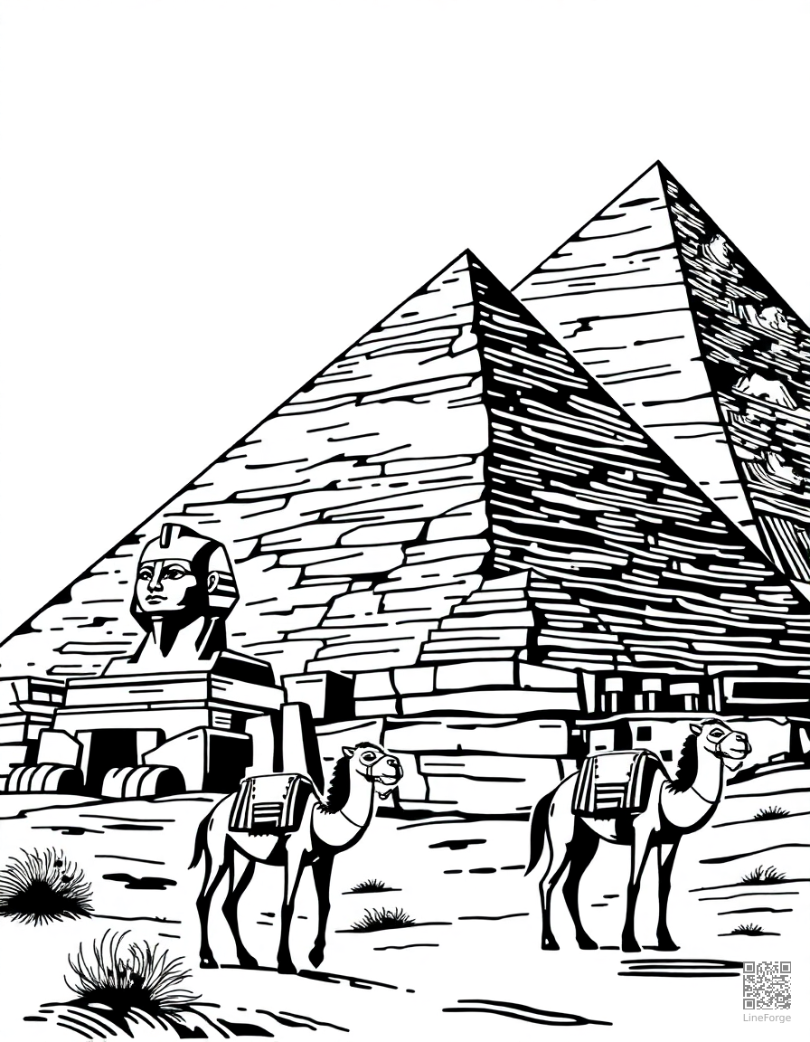 pyramids of giza with sphinx and camels coloring page Woodcut style - free printable