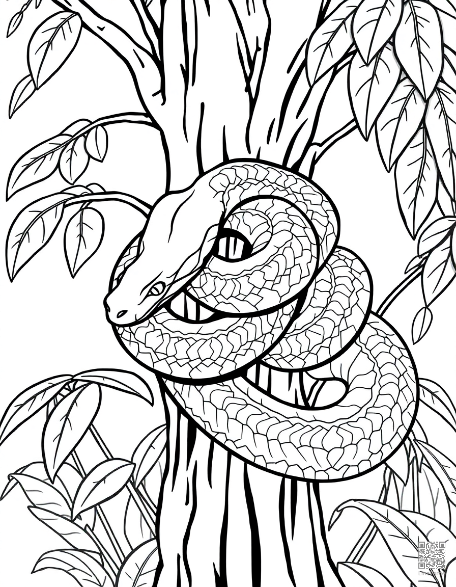 Free python wrapped around a jungle tree coloring page in contour style — printable line art