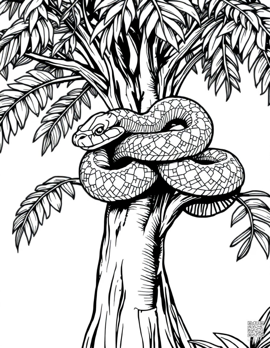 python wrapped around a jungle tree coloring page Crosshatch style free printable