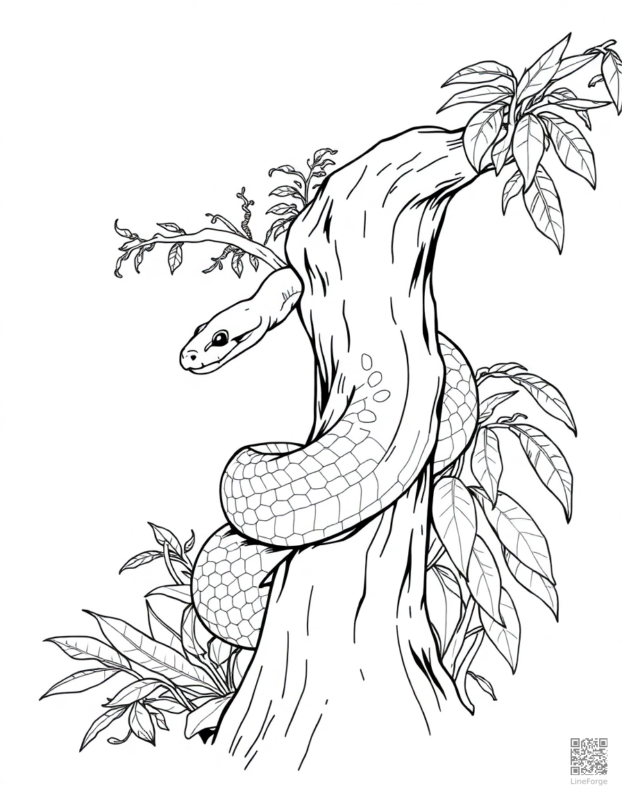 Free python wrapped around a jungle tree coloring page in manga style — printable line art