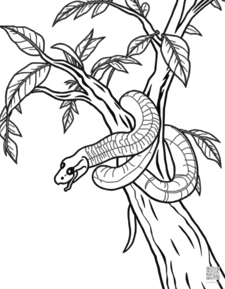 Free python wrapped around a jungle tree coloring page in minimal style — printable line art