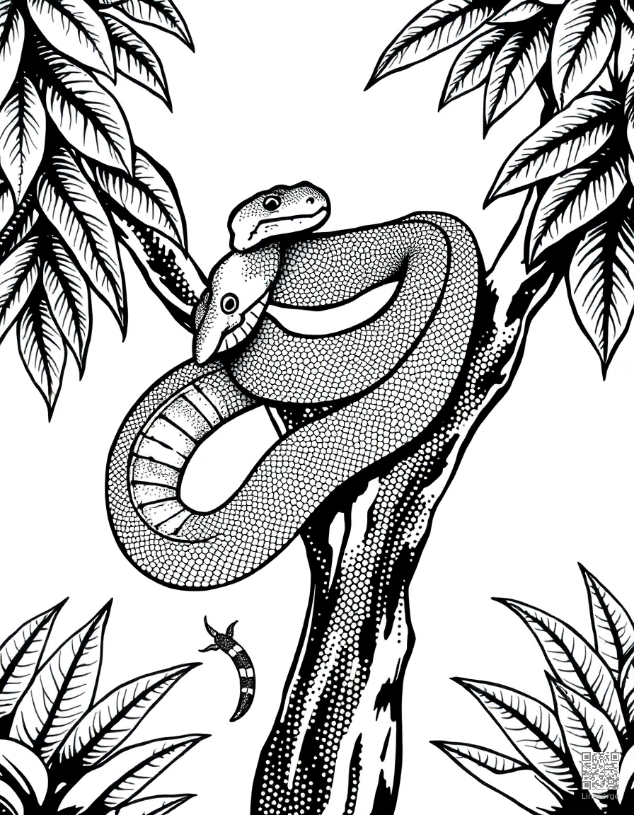 python wrapped around a jungle tree coloring page Stipple style free printable