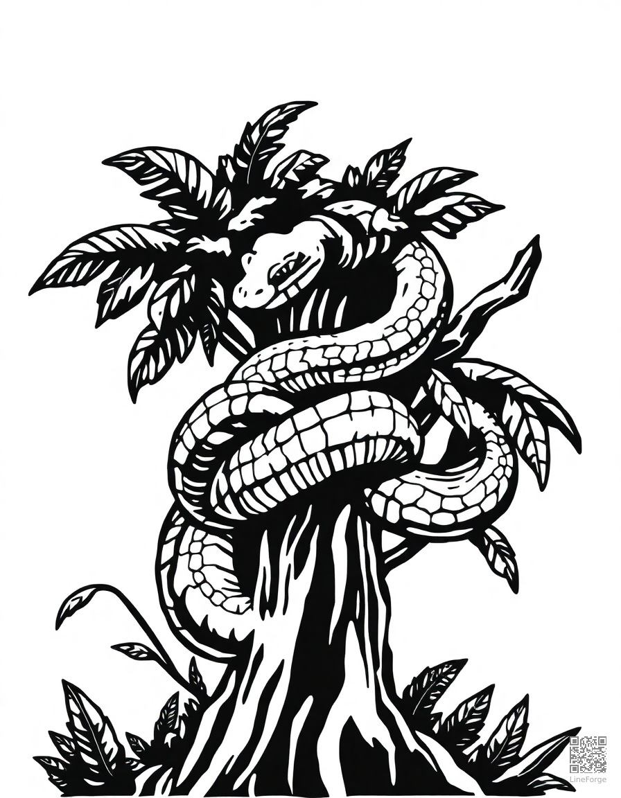 Free python wrapped around a jungle tree coloring page in woodcut style — printable line art