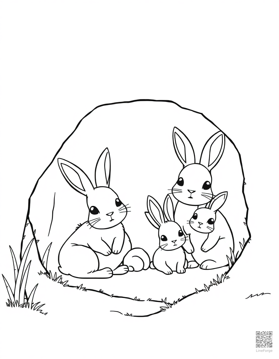 rabbit family in a burrow coloring page Contour style free printable