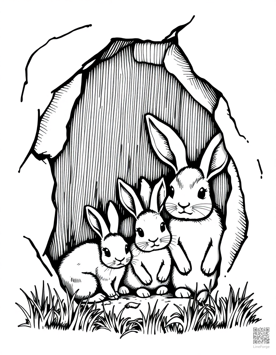 rabbit family in a burrow coloring page Crosshatch style free printable