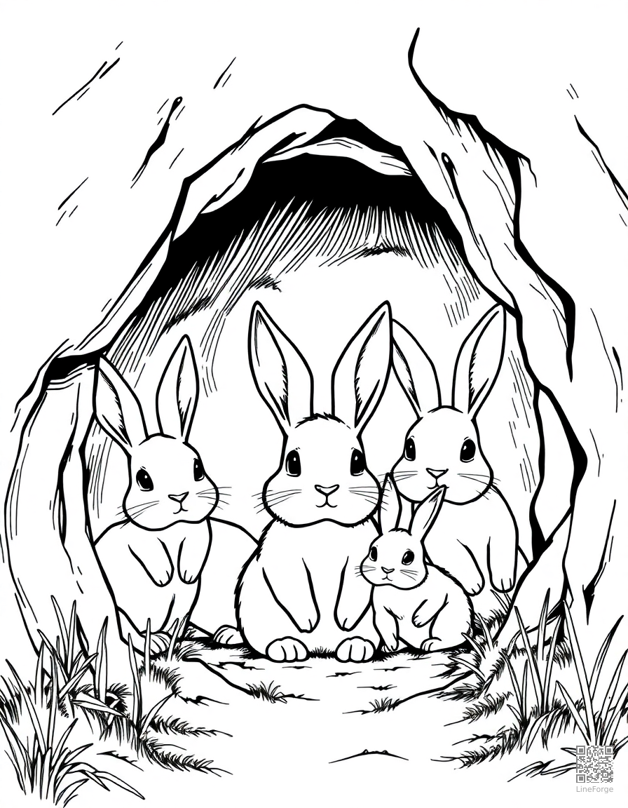 rabbit family in a burrow coloring page Manga style free printable