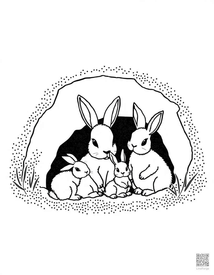 rabbit family in a burrow coloring page Stipple style free printable