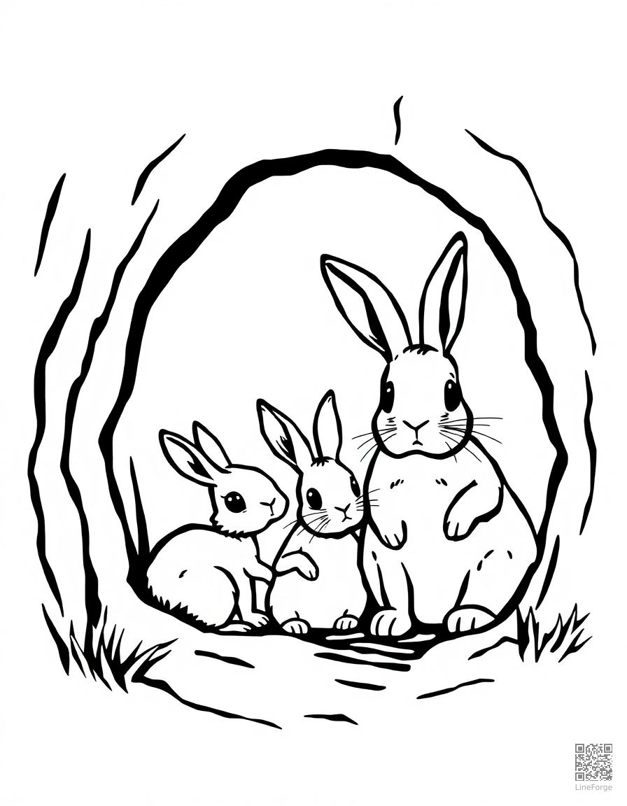 rabbit family in a burrow coloring page Woodcut style free printable