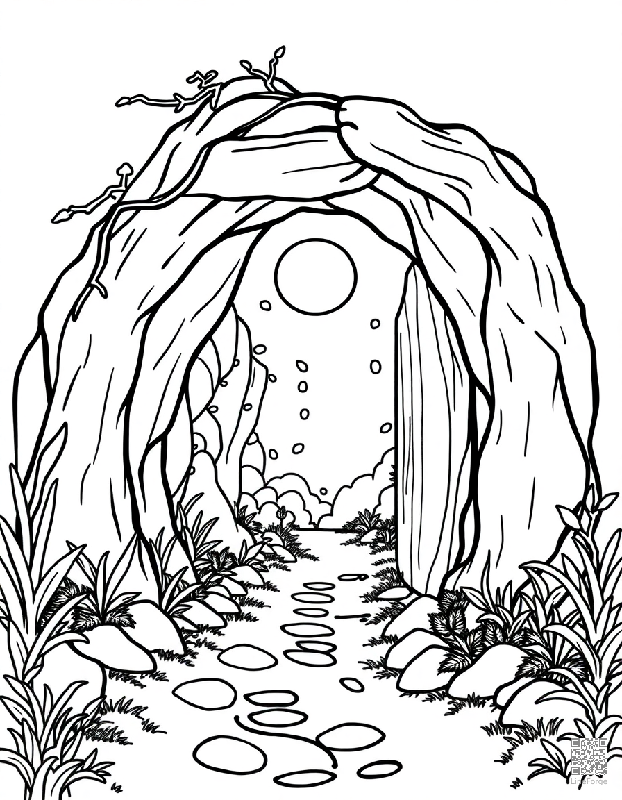 Free rabbit hole entrance to a magical world coloring page in contour style — printable line art