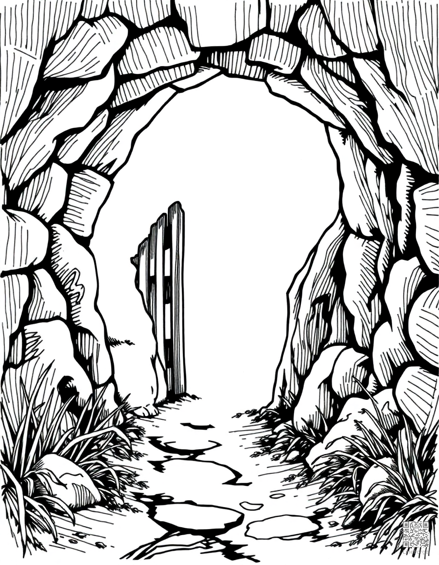 Free rabbit hole entrance to a magical world coloring page in crosshatch style — printable line art