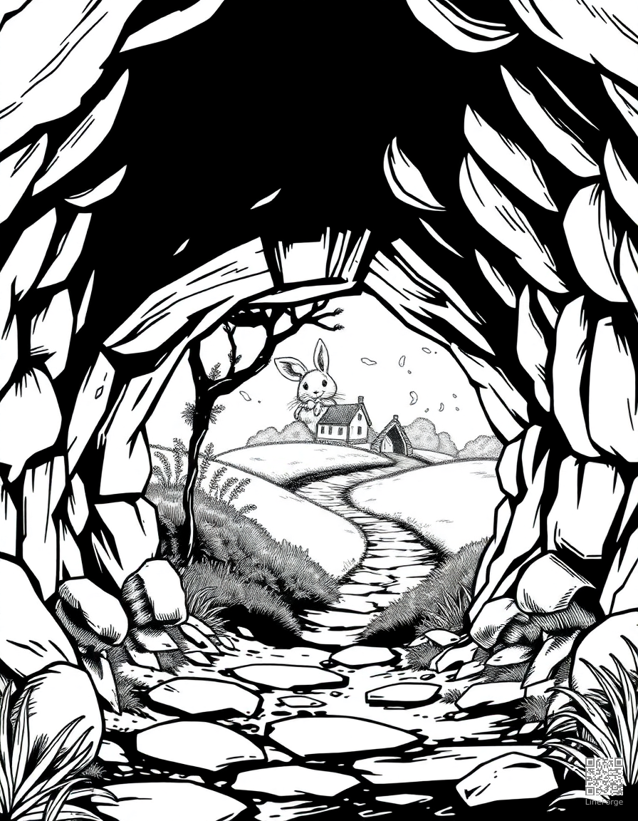 Free rabbit hole entrance to a magical world coloring page in manga style — printable line art
