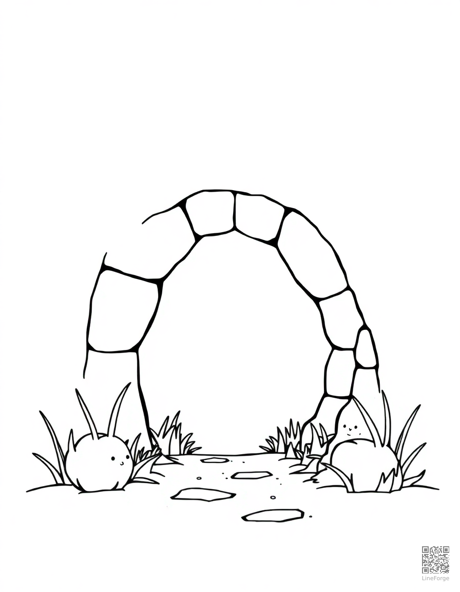 Free rabbit hole entrance to a magical world coloring page in minimal style — printable line art