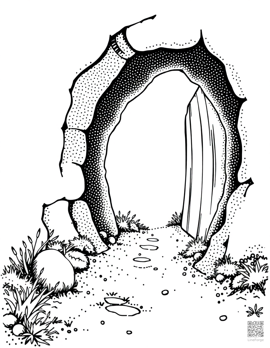 Free rabbit hole entrance to a magical world coloring page in stipple style — printable line art