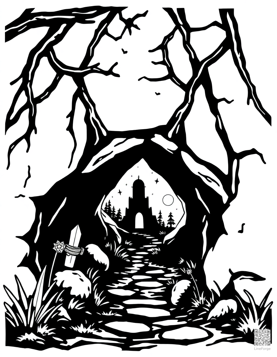 Free rabbit hole entrance to a magical world coloring page in woodcut style — printable line art