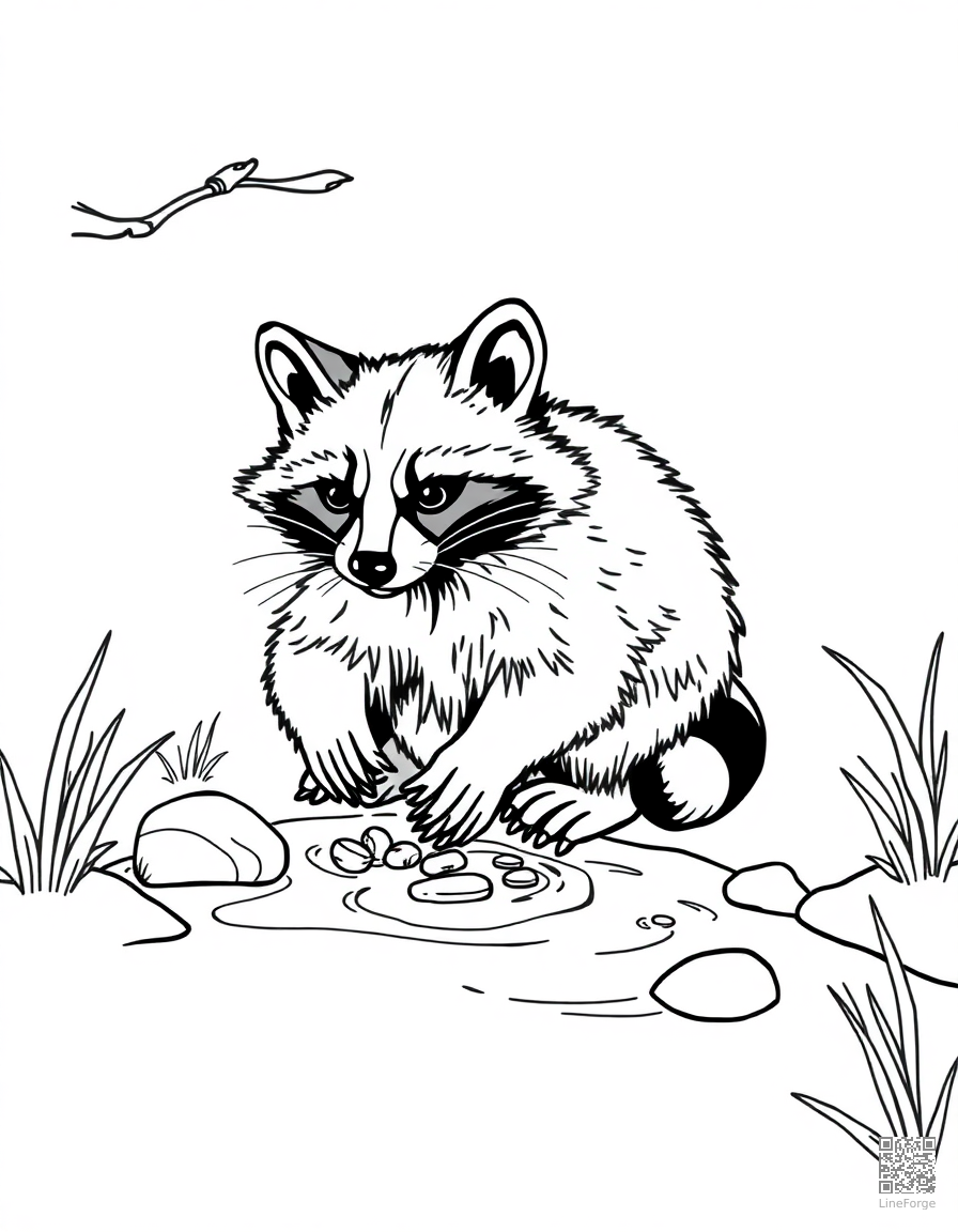 raccoon washing its food in a stream coloring page Contour style free printable