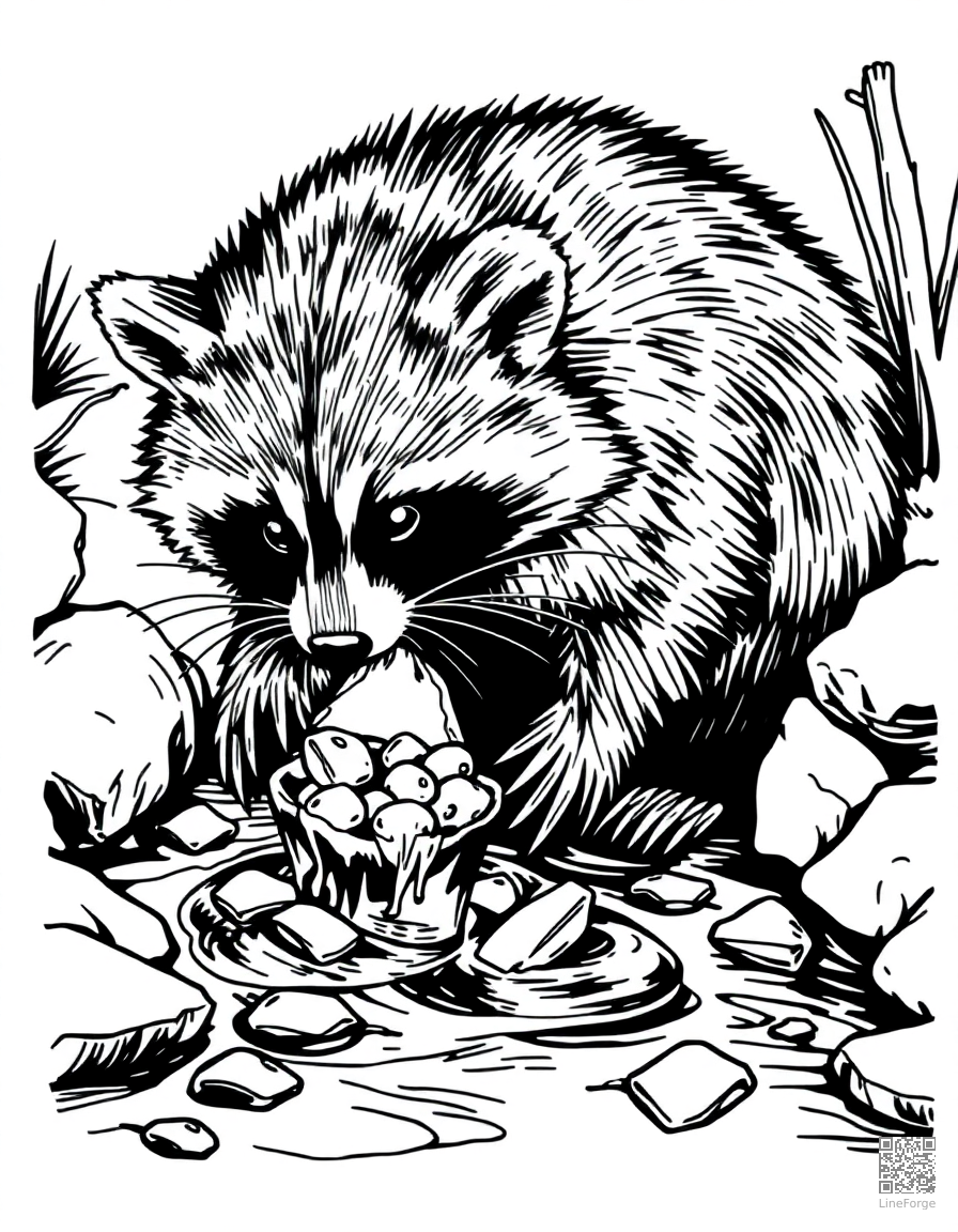 raccoon washing its food in a stream coloring page Crosshatch style free printable