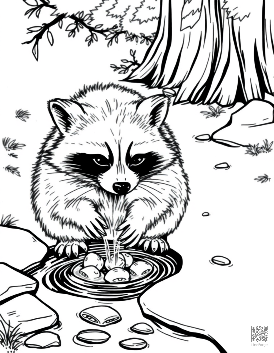 raccoon washing its food in a stream coloring page Manga style free printable
