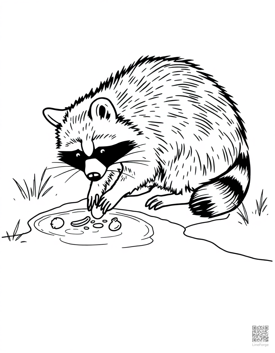 raccoon washing its food in a stream coloring page Minimal style free printable
