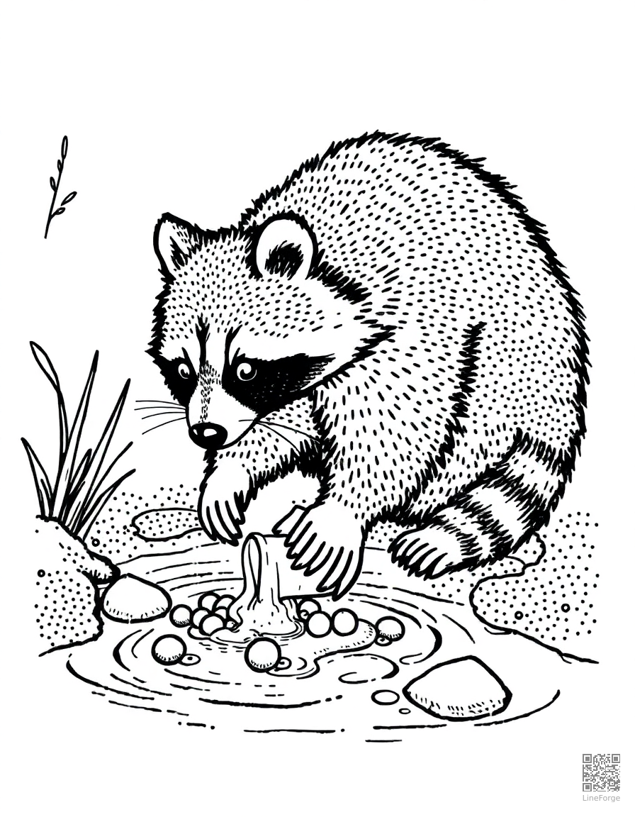 raccoon washing its food in a stream coloring page Stipple style free printable