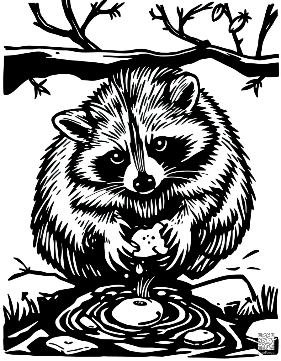 raccoon washing its food in a stream coloring page Woodcut style free printable