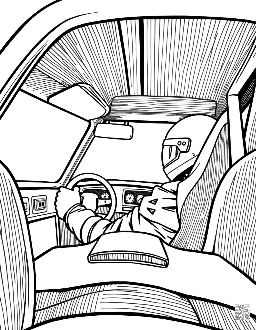 race car driver in the cockpit coloring page Crosshatch style - free printable
